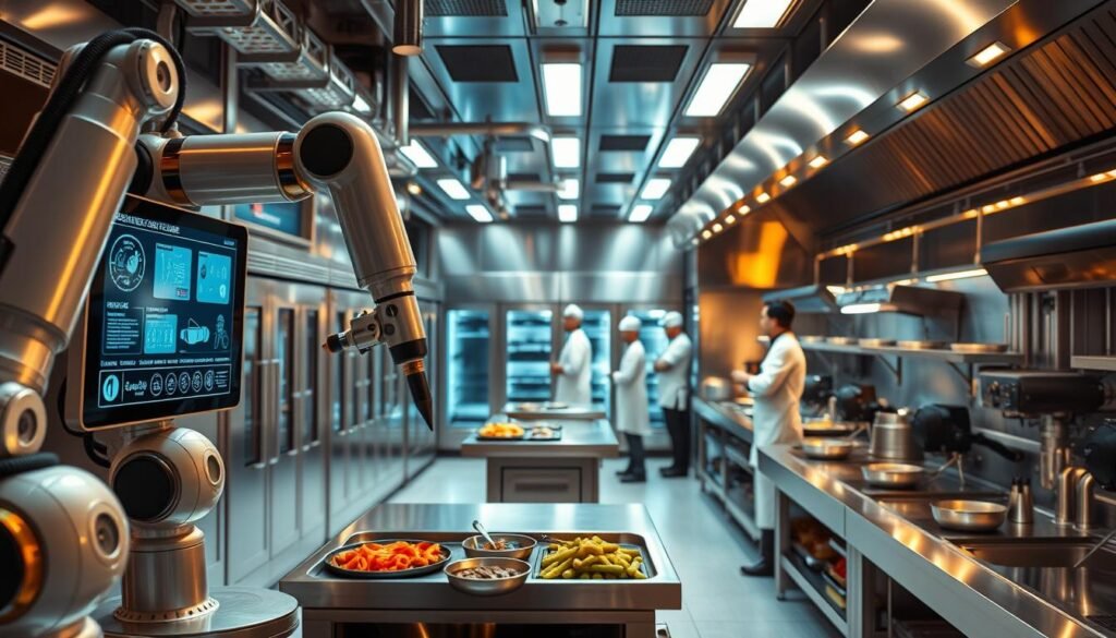 A bright, futuristic industrial kitchen filled with gleaming stainless steel equipment and smart sensors. In the foreground, a robotic arm efficiently prepares ingredients, while a touchscreen interface displays real-time data on allergens, nutritional content, and supply chain logistics. The middle ground showcases an array of high-tech ovens, fridges, and cooking surfaces, all connected to a central control system. In the background, a team of chefs in clean, minimalist uniforms work seamlessly, their movements guided by augmented reality overlays. Warm lighting and a sleek, modern aesthetic create an atmosphere of efficiency and innovation, reflecting the cutting-edge "back-of-house" technology powering the kitchen.