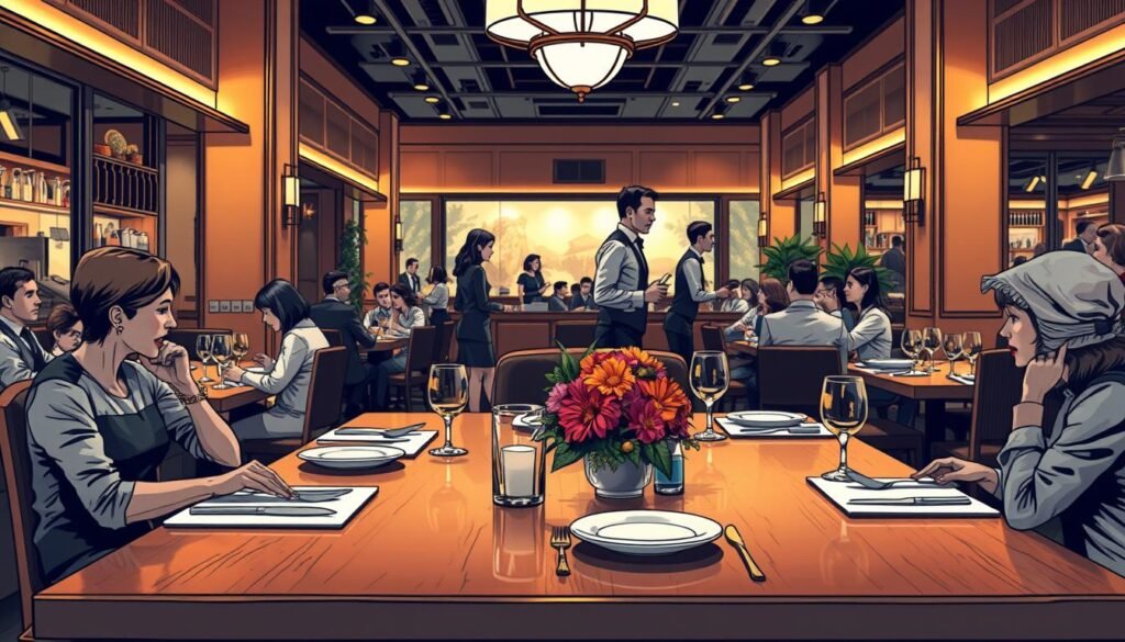 A bustling restaurant interior, with a well-lit, polished wooden table in the foreground. A group of diners leisurely enjoying their meal, engaged in conversation, creating an atmosphere of relaxed efficiency. The table is set with fine china, cutlery, and a centerpiece of fresh flowers, conveying an upscale ambiance. In the middle ground, servers move gracefully between tables, attending to the needs of guests without disrupting the flow. The background is softly illuminated, highlighting the restaurant's decor and creating a warm, welcoming atmosphere that encourages a comfortable dining experience without a sense of rush. Restaurant Revenue Management. A bustling restaurant interior, with a well-lit, polished wooden table in the foreground. A group of diners leisurely enjoying their meal, engaged in conversation, creating an atmosphere of relaxed efficiency. The table is set with fine china, cutlery, and a centerpiece of fresh flowers, conveying an upscale ambiance. In the middle ground, servers move gracefully between tables, attending to the needs of guests without disrupting the flow. The background is softly illuminated, highlighting the restaurant's decor and creating a warm, welcoming atmosphere that encourages a comfortable dining experience without a sense of rush.