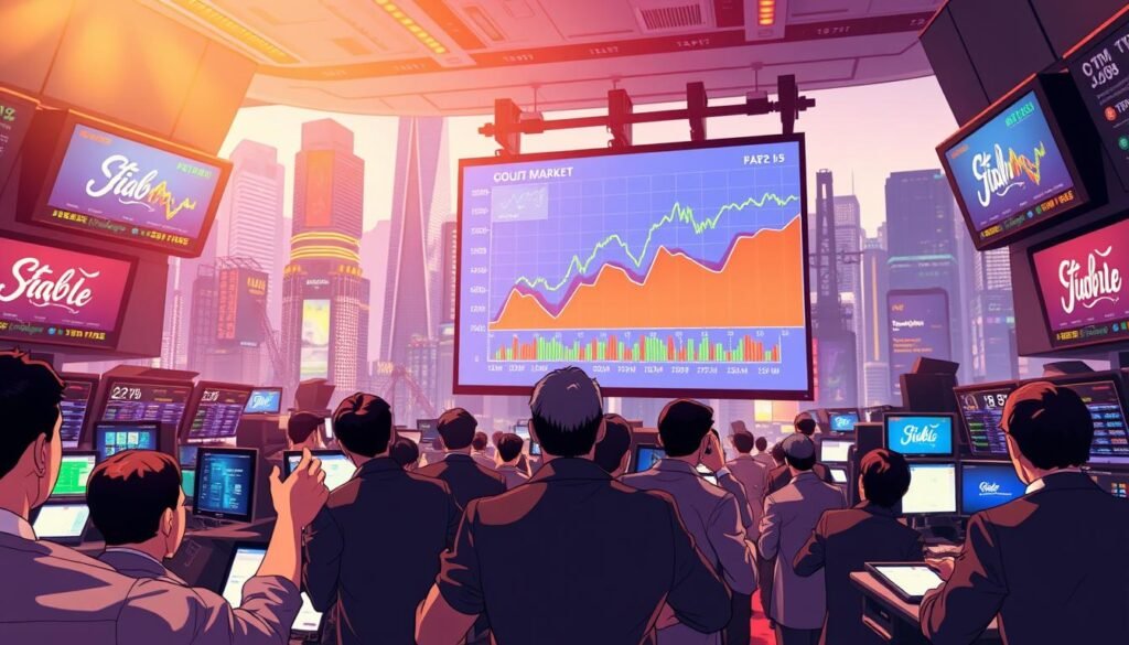 A bustling stock market exchange, with traders in the foreground frantically gesturing and monitoring digital screens displaying real-time market data. The middle ground features a large projection screen showcasing a colorful line graph depicting various market trends and economic indicators. In the background, a cityscape of towering skyscrapers and bustling streets, conveying the dynamic and ever-changing nature of the industry. The scene is illuminated by warm, focused lighting, creating a sense of urgency and importance. Shot with a wide-angle lens to capture the scale and energy of the environment, this image aims to visually represent the "Navigating Industry Trends and Consumer Insights" section of the article.