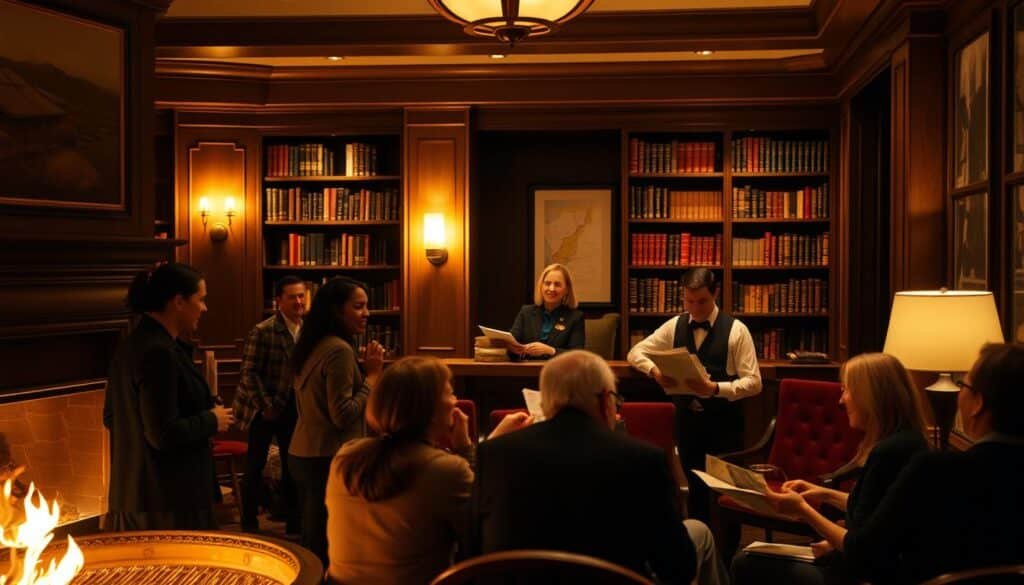A cozy hotel lobby, bathed in warm, soft lighting. In the foreground, a group of guests gathered around a fireplace, engrossed in lively conversation and laughter. The middle ground features a concierge desk, where a smiling staff member assists a guest with a map and recommendations. In the background, a bookshelf lined with volumes of classic and contemporary literature, hinting at the hotel's commitment to storytelling and culture. The atmosphere is one of welcoming professionalism, where hospitality and humor go hand in hand, creating an inviting and memorable experience for all who enter. A cozy hotel lobby, bathed in warm, soft lighting. In the foreground, a group of guests gathered around a fireplace, engrossed in lively conversation and laughter. The middle ground features a concierge desk, where a smiling staff member assists a guest with a map and recommendations. In the background, a bookshelf lined with volumes of classic and contemporary literature, hinting at the hotel's commitment to storytelling and culture. The atmosphere is one of welcoming professionalism, where hospitality and humor go hand in hand, creating an inviting and memorable experience for all who enter.