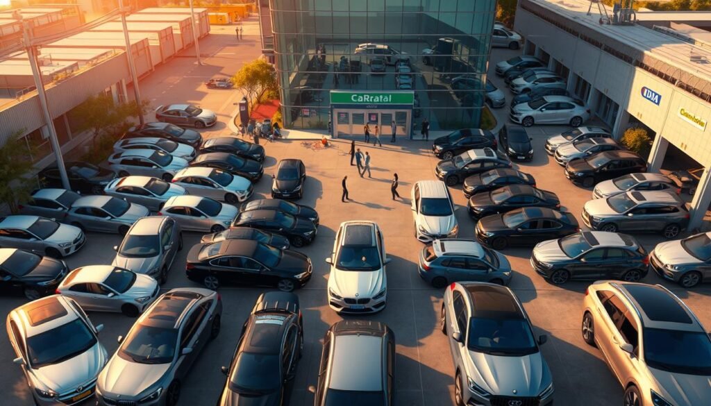 A high-angle view of a bustling car rental fleet management lot. In the foreground, a sleek, diverse array of vehicles - sedans, SUVs, and compact cars - parked in orderly rows. The midground features a team of technicians and managers overseeing the fleet, checking vehicles, and managing the logistics. In the background, a modern, glass-fronted office building overlooking the lot, with a signage indicating the car rental company's brand. The scene is bathed in warm, golden lighting, conveying a sense of efficiency, professionalism, and revenue generation.