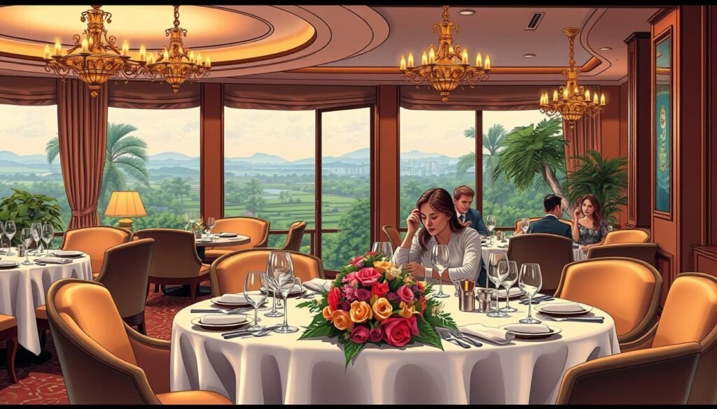 A luxurious hotel restaurant set in a warm, inviting atmosphere. The foreground features a beautifully arranged table with fine china, crystal glassware, and a centerpiece of fresh flowers. Diners seated at the table engage in conversation, enjoying a gourmet meal. The middle ground showcases the elegant decor of the restaurant, with plush upholstered seating, ornate chandeliers, and floor-to-ceiling windows overlooking a tranquil outdoor scene. The background features a panoramic view of a lush, landscaped garden or a picturesque cityscape. The lighting is soft and ambient, creating a cozy and intimate mood. The overall scene conveys a sense of refined hospitality, catering to both leisure and business travelers. Restaurant Revenue Management in A luxurious hotel restaurant set in a warm, inviting atmosphere. The foreground features a beautifully arranged table with fine china, crystal glassware, and a centerpiece of fresh flowers. Diners seated at the table engage in conversation, enjoying a gourmet meal. The middle ground showcases the elegant decor of the restaurant, with plush upholstered seating, ornate chandeliers, and floor-to-ceiling windows overlooking a tranquil outdoor scene. The background features a panoramic view of a lush, landscaped garden or a picturesque cityscape. The lighting is soft and ambient, creating a cozy and intimate mood. The overall scene conveys a sense of refined hospitality, catering to both leisure and business travelers.