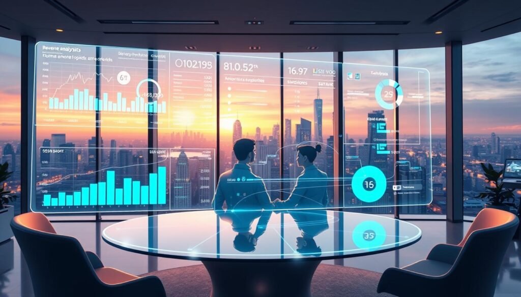 A modern data visualization dashboard floating in a sleek, minimalist office environment. In the foreground, holographic charts and graphs display real-time revenue analytics, color-coded and interactive. The middle ground features a team of business analysts collaborating around a curved glass table, their faces illuminated by the dashboard's soft glow. In the background, floor-to-ceiling windows reveal a bustling city skyline at dusk, hinting at the global scale of the revenue optimization process. Warm, indirect lighting casts a professional atmosphere, while the latest computing hardware and software seamlessly blend form and function. A modern data visualization dashboard floating in a sleek, minimalist office environment. In the foreground, holographic charts and graphs display real-time revenue analytics, color-coded and interactive. The middle ground features a team of business analysts collaborating around a curved glass table, their faces illuminated by the dashboard's soft glow. In the background, floor-to-ceiling windows reveal a bustling city skyline at dusk, hinting at the global scale of the revenue optimization process. Warm, indirect lighting casts a professional atmosphere, while the latest computing hardware and software seamlessly blend form and function.