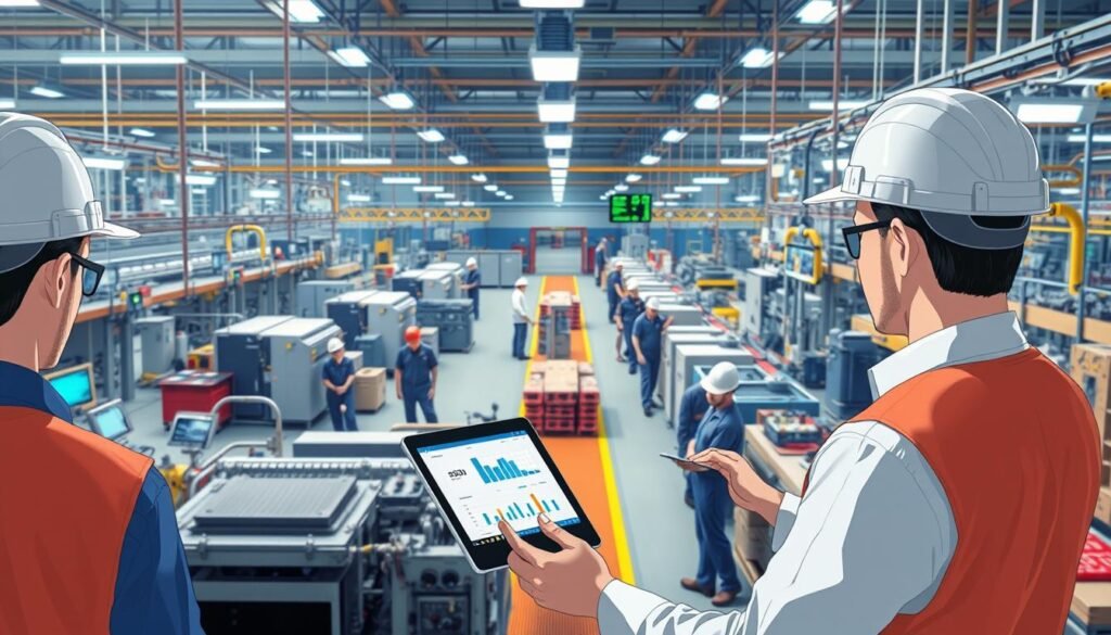 A modern factory floor with efficient machinery and workers in hardhats, highlighting the interconnectedness of operations management. A birds-eye view showcases a well-organized layout, color-coded workflows, and real-time data displays. The lighting is bright and uniform, capturing the sense of precision and control. In the foreground, a manager reviews key performance indicators on a tablet, making data-driven decisions to optimize yield and minimize waste. The overall atmosphere conveys a culture of continuous improvement, with a focus on operational excellence.