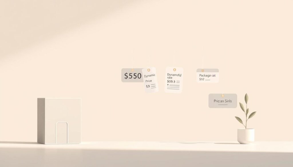A modern, minimalist illustration of pricing strategies for small hotels. In the foreground, a clean, geometric hotel icon representing the business. In the middle ground, various pricing methods elegantly displayed as floating price tags, including dynamic pricing, seasonal rates, package deals. The background features a soft gradient in muted, sophisticated tones, creating a sense of balance and professionalism. Lighting is clean and directional, casting subtle shadows to add depth. The overall composition conveys a thoughtful, purposeful approach to pricing that aligns with the needs of a small hotel operation. A modern, minimalist illustration of pricing strategies for small hotels. In the foreground, a clean, geometric hotel icon representing the business. In the middle ground, various pricing methods elegantly displayed as floating price tags, including dynamic pricing, seasonal rates, package deals. The background features a soft gradient in muted, sophisticated tones, creating a sense of balance and professionalism. Lighting is clean and directional, casting subtle shadows to add depth. The overall composition conveys a thoughtful, purposeful approach to pricing that aligns with the needs of a small hotel operation.