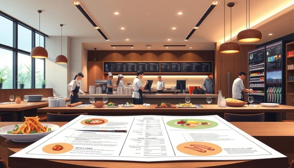 A modern, minimalist restaurant interior with clean lines and a focus on efficiency. In the foreground, a meticulously designed menu with carefully curated dishes, arranged in a visually striking layout that draws the eye. The middle ground features a team of chefs and servers collaborating seamlessly, optimizing workflows and order fulfillment. In the background, a sleek, technology-enabled POS system and inventory management displays, highlighting the data-driven decision making that powers menu optimization. Soft, warm lighting casts a welcoming glow, while the overall atmosphere exudes a sense of refined professionalism and a commitment to delivering an exceptional dining experience.