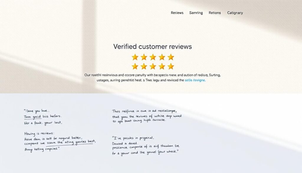 A modern, minimalist website interface showcasing a section on verified customer reviews. In the foreground, a clean grid of authentic, handwritten reviews with star ratings hovering above each one, conveying a sense of trust and social proof. The middle ground features a sleek, elegant rating summary, while the background depicts a subtly textured, neutral-toned canvas, allowing the reviews to take center stage. Soft, natural lighting illuminates the scene, creating a warm, inviting atmosphere. The overall composition strikes a balance between simplicity and credibility, reflecting the importance of leveraging trust signals on hospitality and tourism websites.