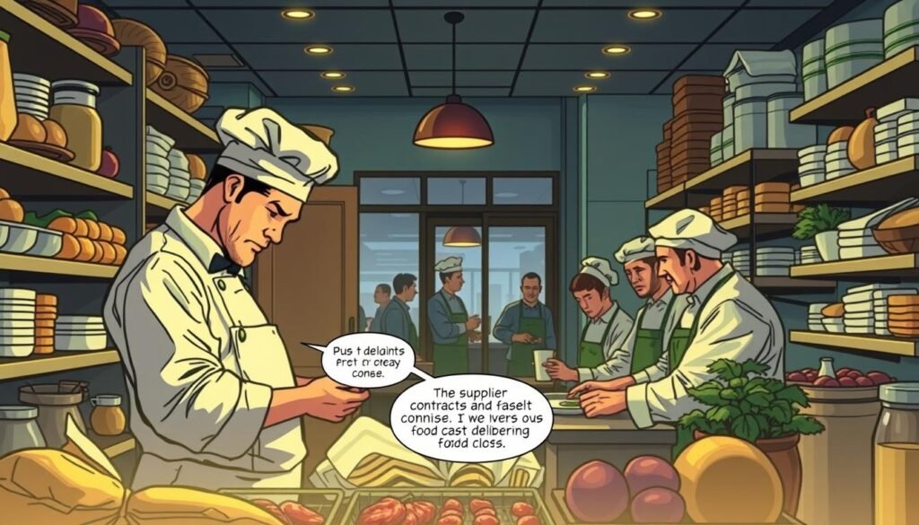 A serene restaurant kitchen setting, with a well-stocked pantry featuring an array of fresh produce, meats, and baking supplies. In the foreground, a chef carefully inspects the quality of ingredients, assessing their freshness and suitability for the menu. Indirect lighting casts a warm, inviting glow, creating a sense of focus and attention to detail. The middle ground showcases a team of chefs collaborating, discussing supplier contracts and negotiating prices to optimize food costs without sacrificing culinary excellence. In the background, a window offers a glimpse of a bustling restaurant floor, hinting at the ultimate goal of delighting customers with high-quality, cost-effective dishes. Restaurant Revenue Management. A serene restaurant kitchen setting, with a well-stocked pantry featuring an array of fresh produce, meats, and baking supplies. In the foreground, a chef carefully inspects the quality of ingredients, assessing their freshness and suitability for the menu. Indirect lighting casts a warm, inviting glow, creating a sense of focus and attention to detail. The middle ground showcases a team of chefs collaborating, discussing supplier contracts and negotiating prices to optimize food costs without sacrificing culinary excellence. In the background, a window offers a glimpse of a bustling restaurant floor, hinting at the ultimate goal of delighting customers with high-quality, cost-effective dishes.
