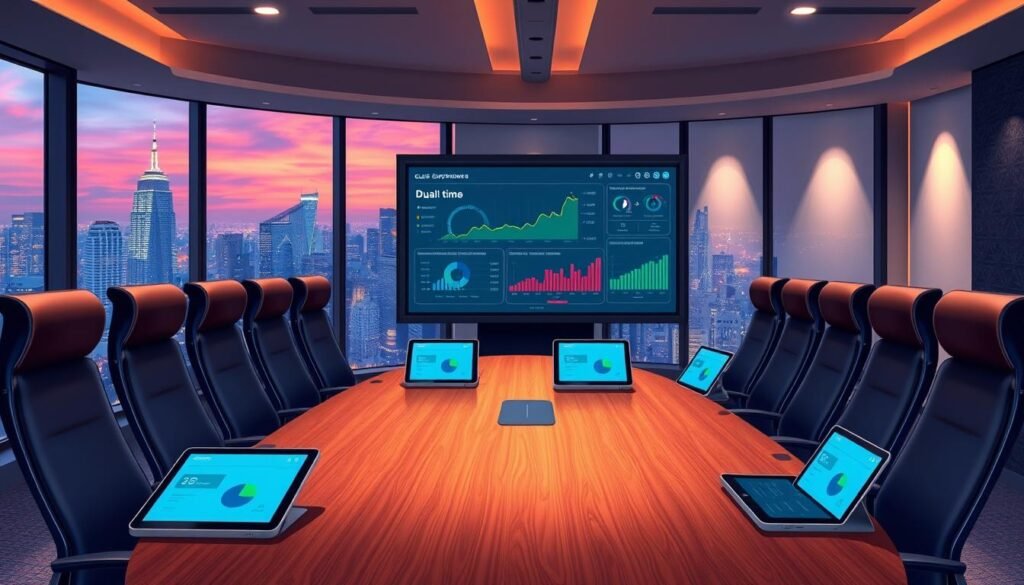 A sleek, modern conference room with panoramic windows showcasing a vibrant city skyline. In the foreground, a curved wooden conference table with high-backed chairs, each equipped with a sleek tablet device displaying analytics dashboards. The middle ground features a large interactive whiteboard displaying real-time guest experience metrics, with colorful graphs and charts. Subtle mood lighting casts a warm glow, while the background features a minimalist, yet sophisticated decor, creating an atmosphere of innovation and data-driven decision making. A sleek, modern conference room with panoramic windows showcasing a vibrant city skyline. In the foreground, a curved wooden conference table with high-backed chairs, each equipped with a sleek tablet device displaying analytics dashboards. The middle ground features a large interactive whiteboard displaying real-time guest experience metrics, with colorful graphs and charts. Subtle mood lighting casts a warm glow, while the background features a minimalist, yet sophisticated decor, creating an atmosphere of innovation and data-driven decision making.