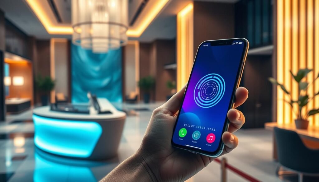 A vibrant futuristic scene showcasing the seamless world of mobile payments. In the foreground, a person's hand holds a sleek, high-tech smartphone, its screen glowing with a contactless payment interface. The middle ground features a sleek, minimalist checkout counter, with a discreet payment terminal blending seamlessly into the design. Behind, a richly detailed background depicts a modern hotel lobby, with clean lines, natural materials, and a warm, ambient lighting that creates a sense of elegance and sophistication. The overall atmosphere conveys the effortless convenience and enhanced guest experience enabled by the latest advancements in mobile, contactless, and invisible payment technologies.