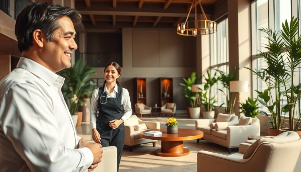 A warm, inviting hotel lobby with plush seating, lush potted plants, and natural lighting filtering through large windows. In the foreground, a welcoming hotel staff member greets a guest with a friendly smile, conveying a sense of care and hospitality. The middle ground features cozy reading nooks and a central circular table, where guests can relax and unwind. The background showcases a tranquil, muted color palette and minimalist decor, creating a calming atmosphere that promotes well-being and comfort. The overall scene exudes a professional yet approachable ambiance, reflecting the ideal guest experience. A warm, inviting hotel lobby with plush seating, lush potted plants, and natural lighting filtering through large windows. In the foreground, a welcoming hotel staff member greets a guest with a friendly smile, conveying a sense of care and hospitality. The middle ground features cozy reading nooks and a central circular table, where guests can relax and unwind. The background showcases a tranquil, muted color palette and minimalist decor, creating a calming atmosphere that promotes well-being and comfort. The overall scene exudes a professional yet approachable ambiance, reflecting the ideal guest experience.