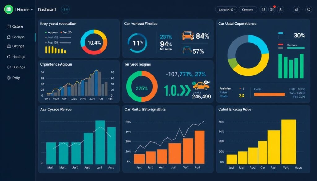 An image of a business intelligence dashboard showing key performance indicators for car rental operations