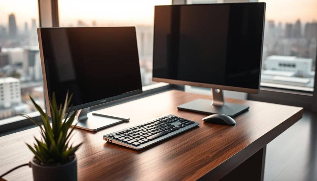 a sleek, modern computer workstation with a high-resolution display, ergonomic keyboard, and a wireless mouse on a minimalist desk. The desk is made of polished wood and is set against a backdrop of a large window with city skyline visible in the distance. Soft, warm lighting illuminates the scene, creating a cozy and productive atmosphere. The computer and peripherals are all in shades of silver and gray, reflecting the clean, technological aesthetic. In the foreground, a small potted plant adds a touch of nature and balance to the otherwise tech-focused setup. a sleek, modern computer workstation with a high-resolution display, ergonomic keyboard, and a wireless mouse on a minimalist desk. The desk is made of polished wood and is set against a backdrop of a large window with city skyline visible in the distance. Soft, warm lighting illuminates the scene, creating a cozy and productive atmosphere. The computer and peripherals are all in shades of silver and gray, reflecting the clean, technological aesthetic. In the foreground, a small potted plant adds a touch of nature and balance to the otherwise tech-focused setup.